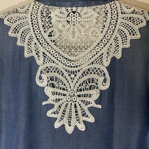 Riley + James Womens Medium Denim Western Shirt Lace Back Boho Chambray